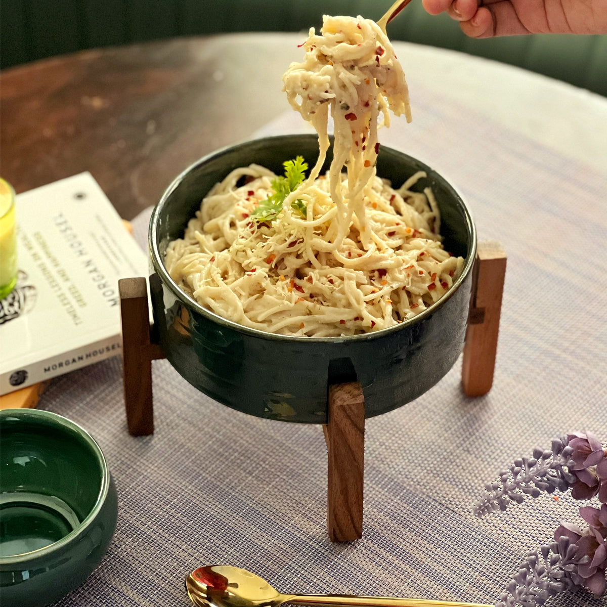 Serving Bowl with Wooden Stand (Green) - 7"dia