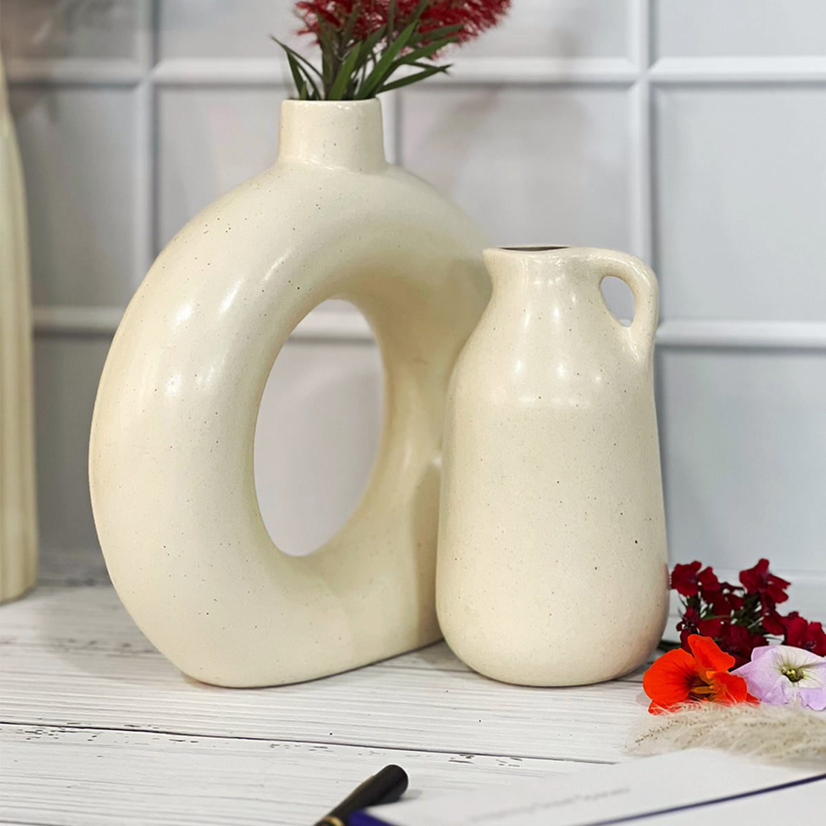 Off White Vases combo - Set of 3( Ribbed Bottle, Donut Vase, Milkjar Vase)