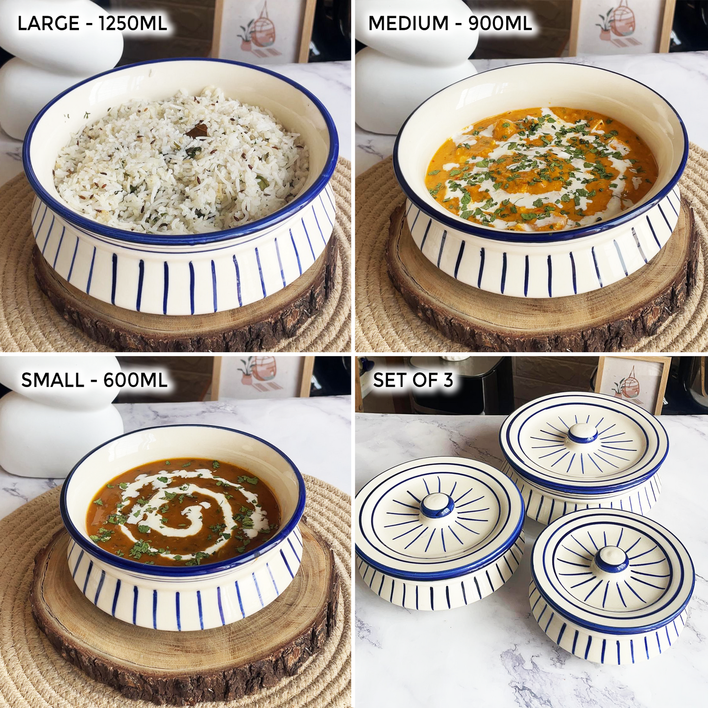 Blue Horizon Ceramic Handi Set with lid - Set of 3 | Dahi handi set