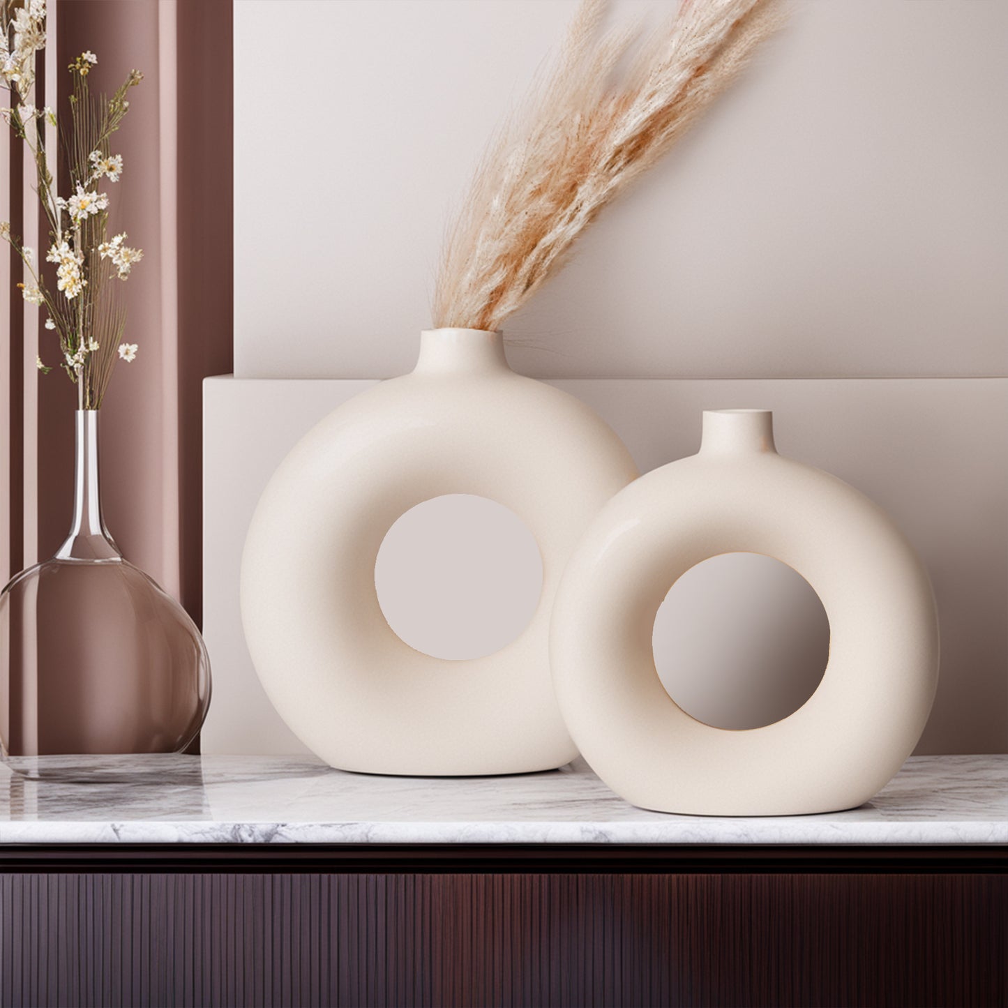 Ceramic Donut Vases Combo - Set of 2 (Off White)