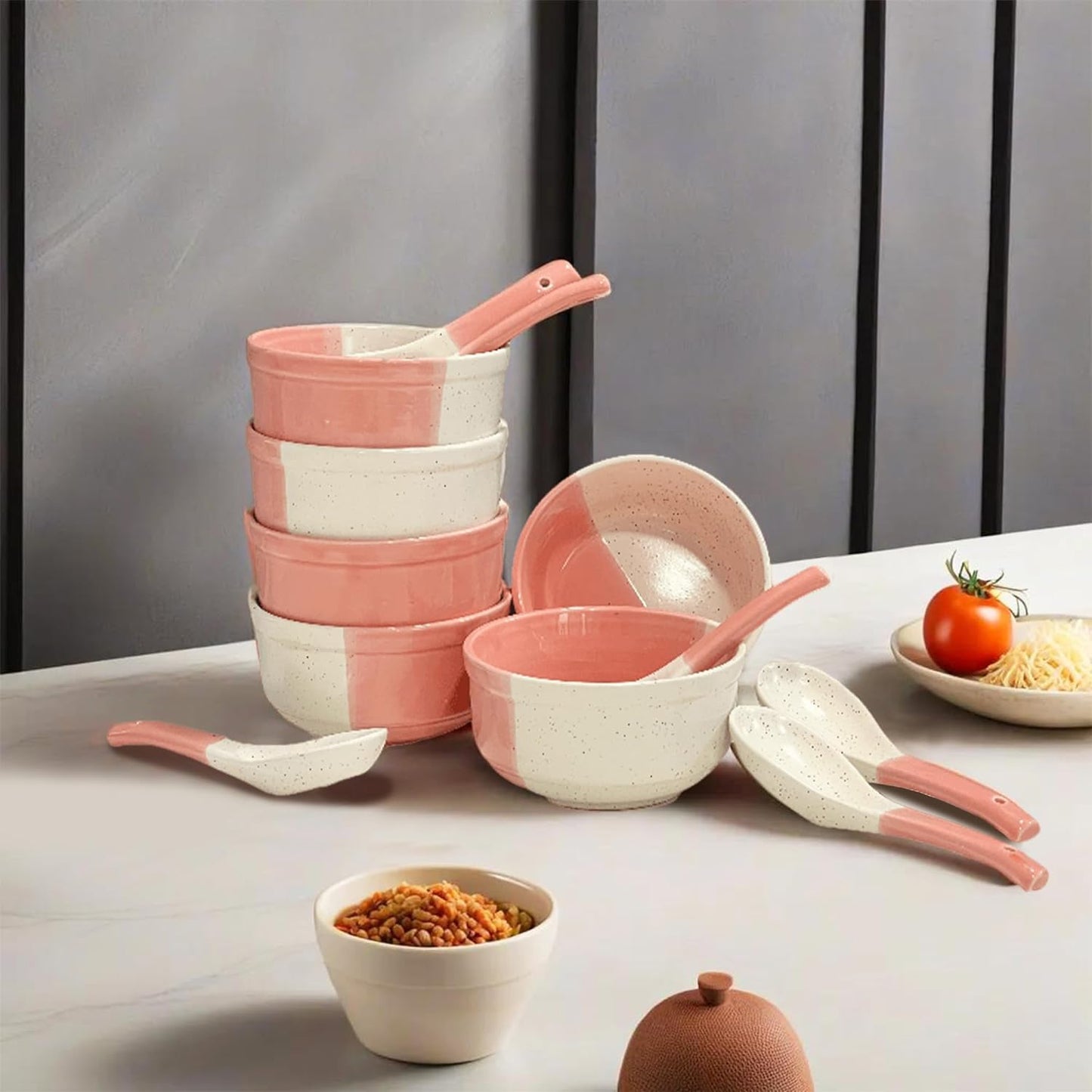Ceramic Soup Bowl Set with Spoon - Set of 6