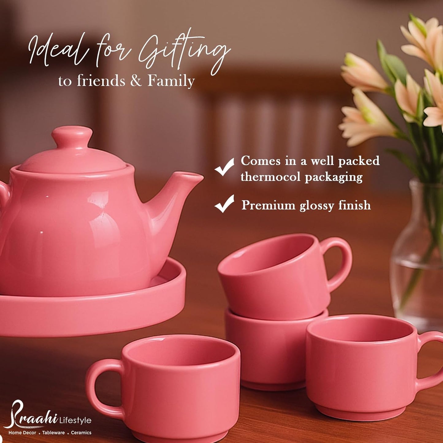 Ceramic Tea Cup Set with Kettle & Serving Tray | Pastel Pink Colour (6 pieces set)