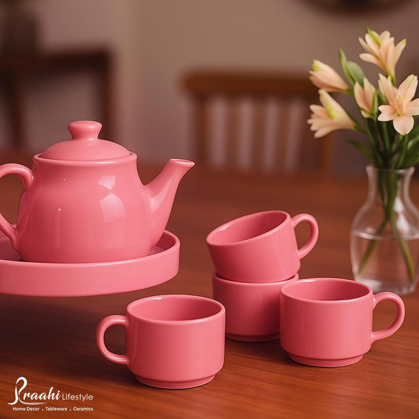 Ceramic Tea Cup Set with Kettle & Serving Tray | Pastel Pink Colour (6 pieces set)