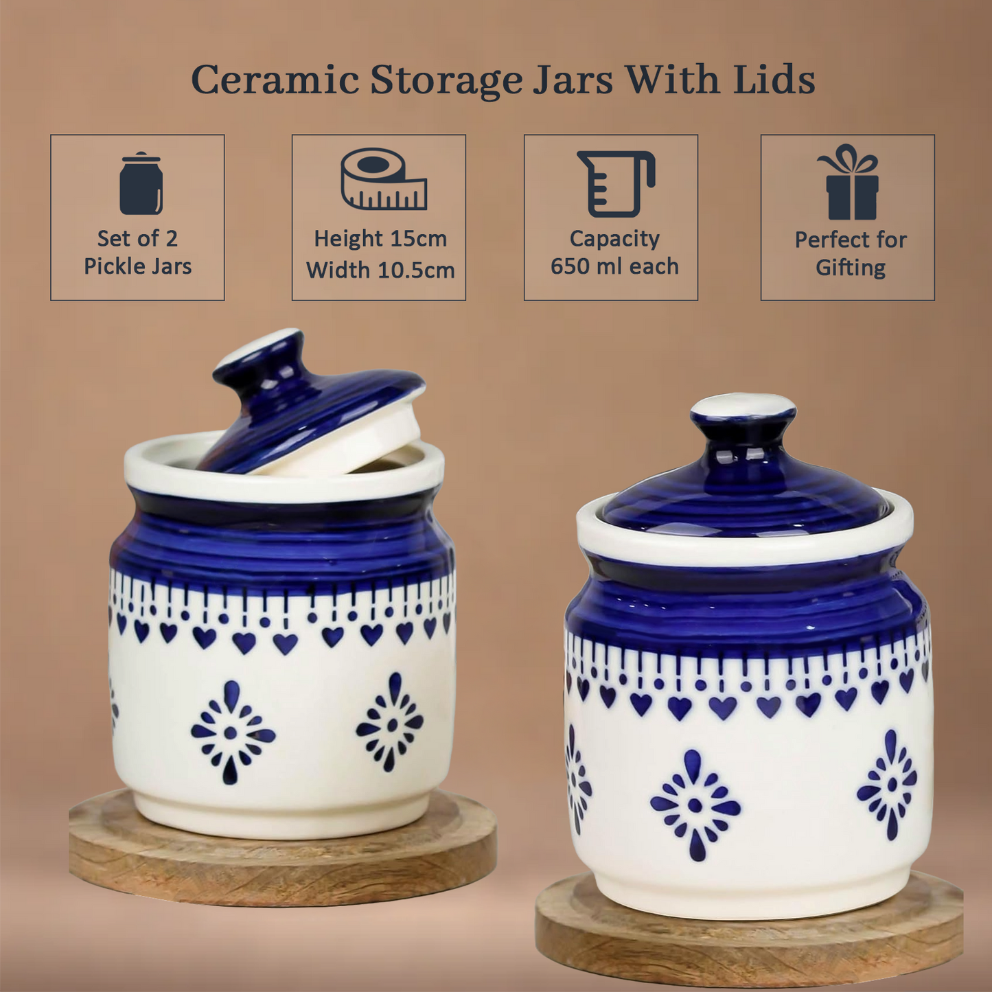 Ceramic Pickle Jars Set | Blue | 650 ML each