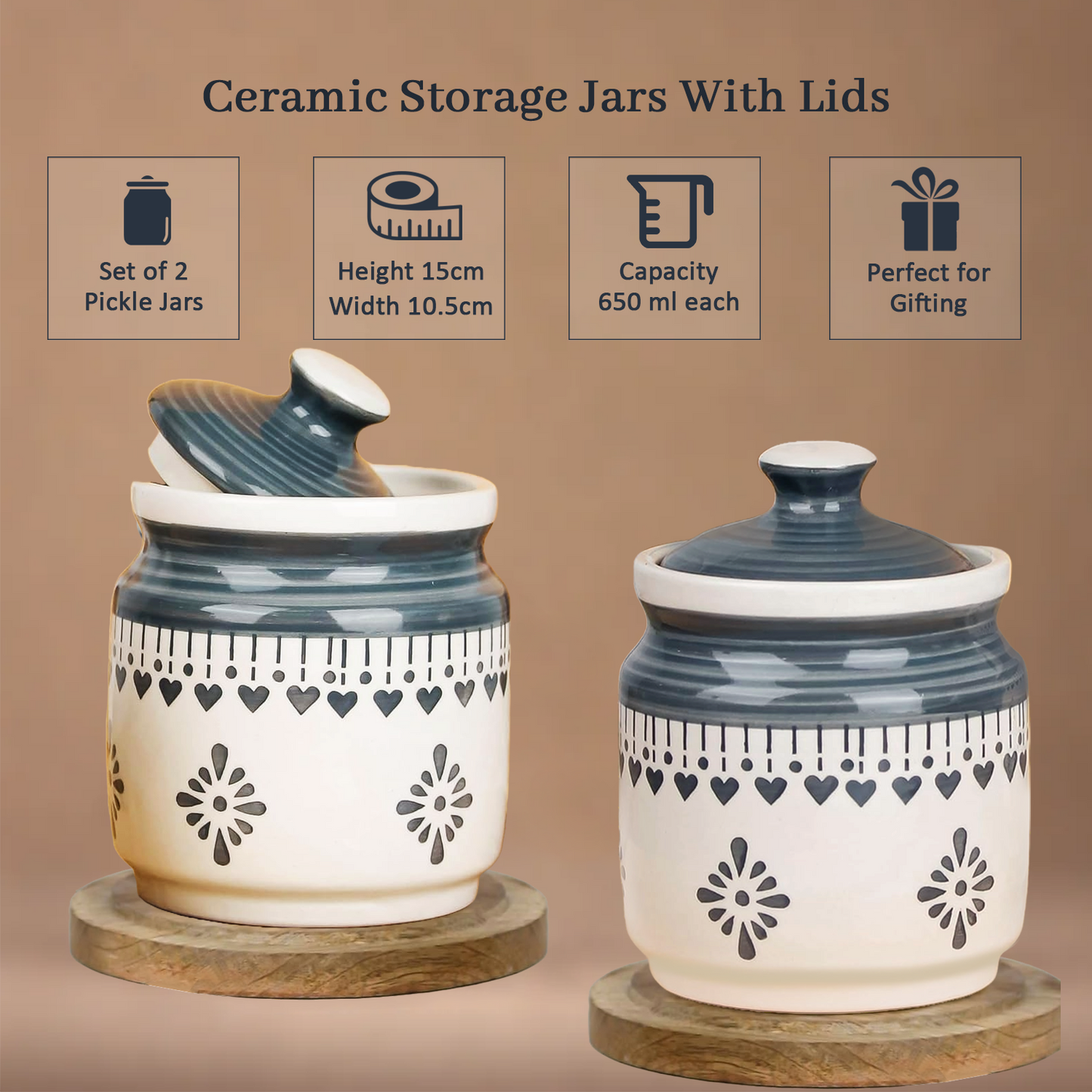 Ceramic Pickle Jars Set | Grey | 650 ML each