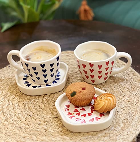 Love Latte Coffee Cup & Plate Set - Blue & Red Heart