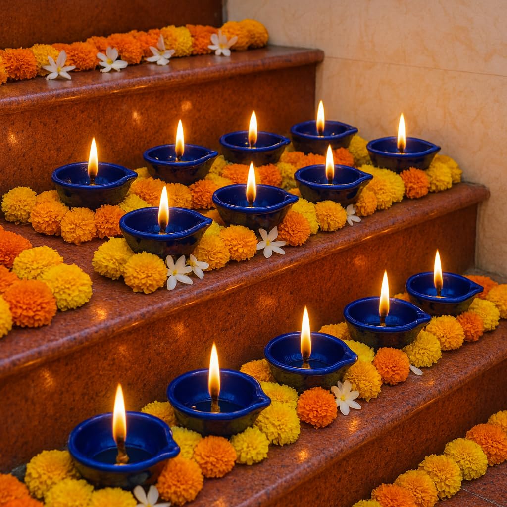 Decorative Ceramic Handmade Diya Set | Pack Of 12 | Navy Blue Colour