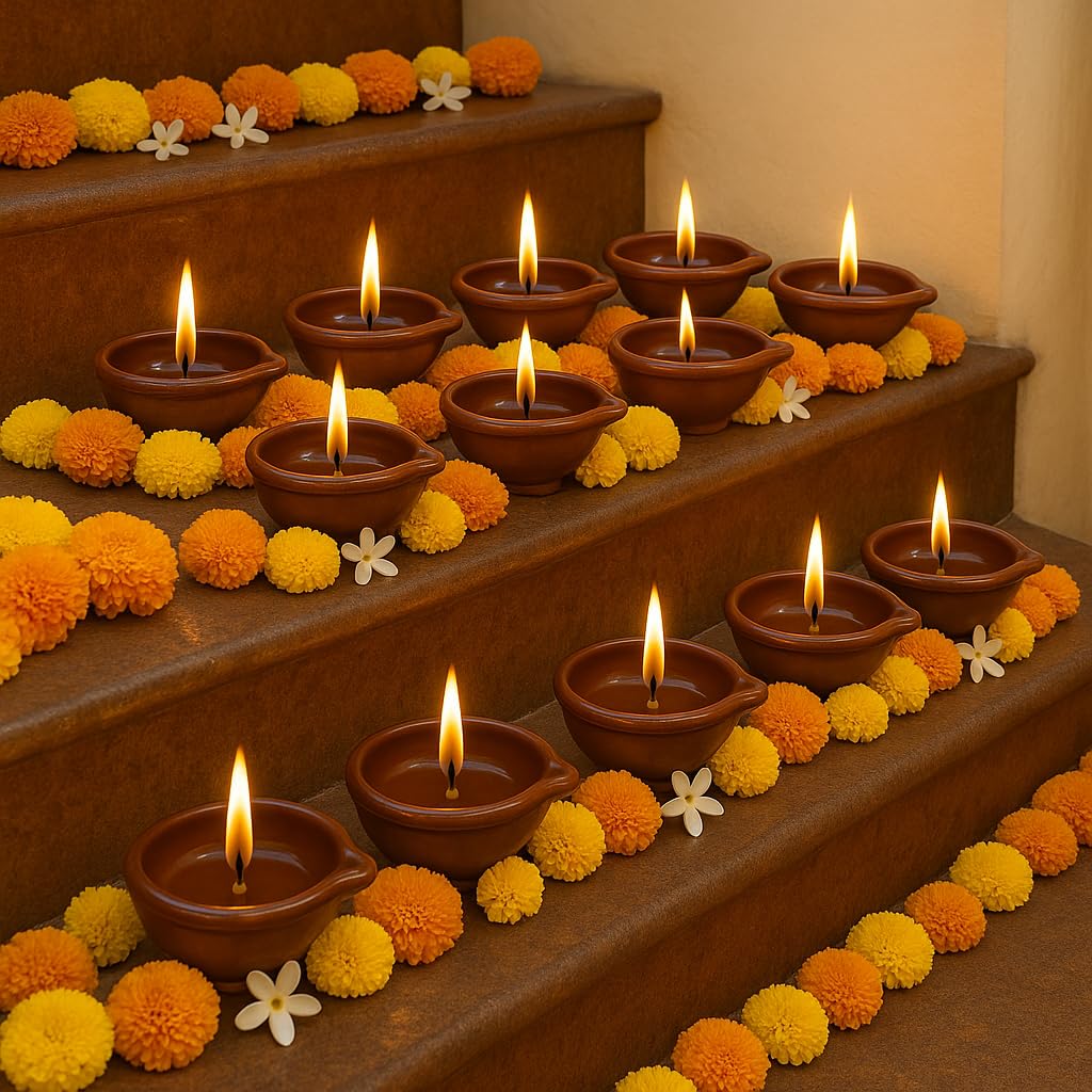 Decorative Ceramic Handmade Diya Set | Pack Of 12 | Brown Colour