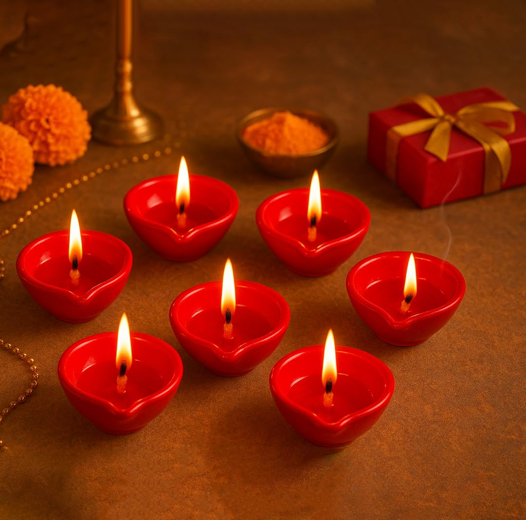 Decorative Ceramic Handmade Diya Set | Pack Of 12 | Red Colour