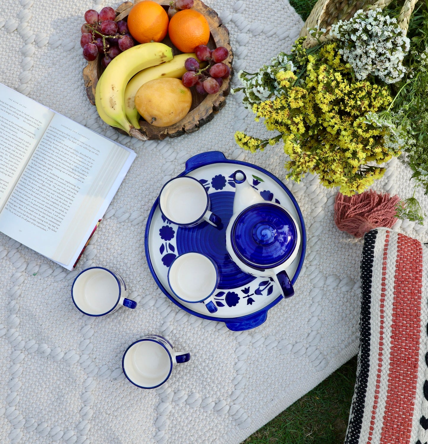 tea cup and kettle set with serving tray