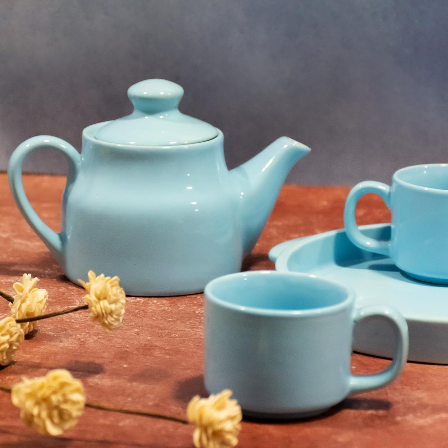 Ceramic Tea Cup Set with Kettle & Serving Tray | Blue color (4 Piece Set)