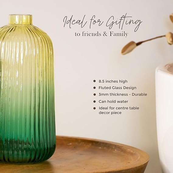 Fluted Glass Vases COMBO SET | Green Colour | 6 inches, 8.5 inches