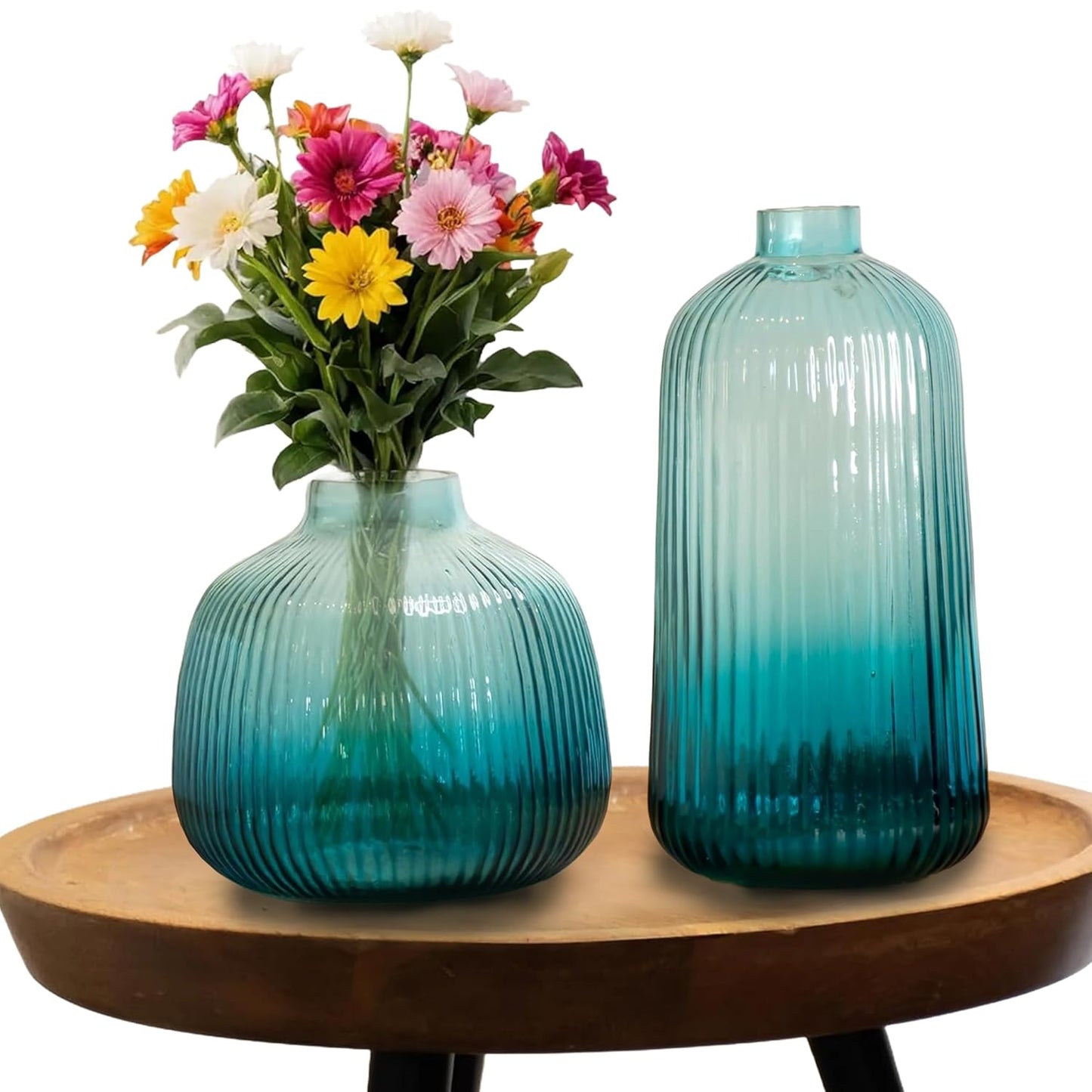 Fluted Glass Vases Combo set | Blue | 6 inches, 8.5 inches