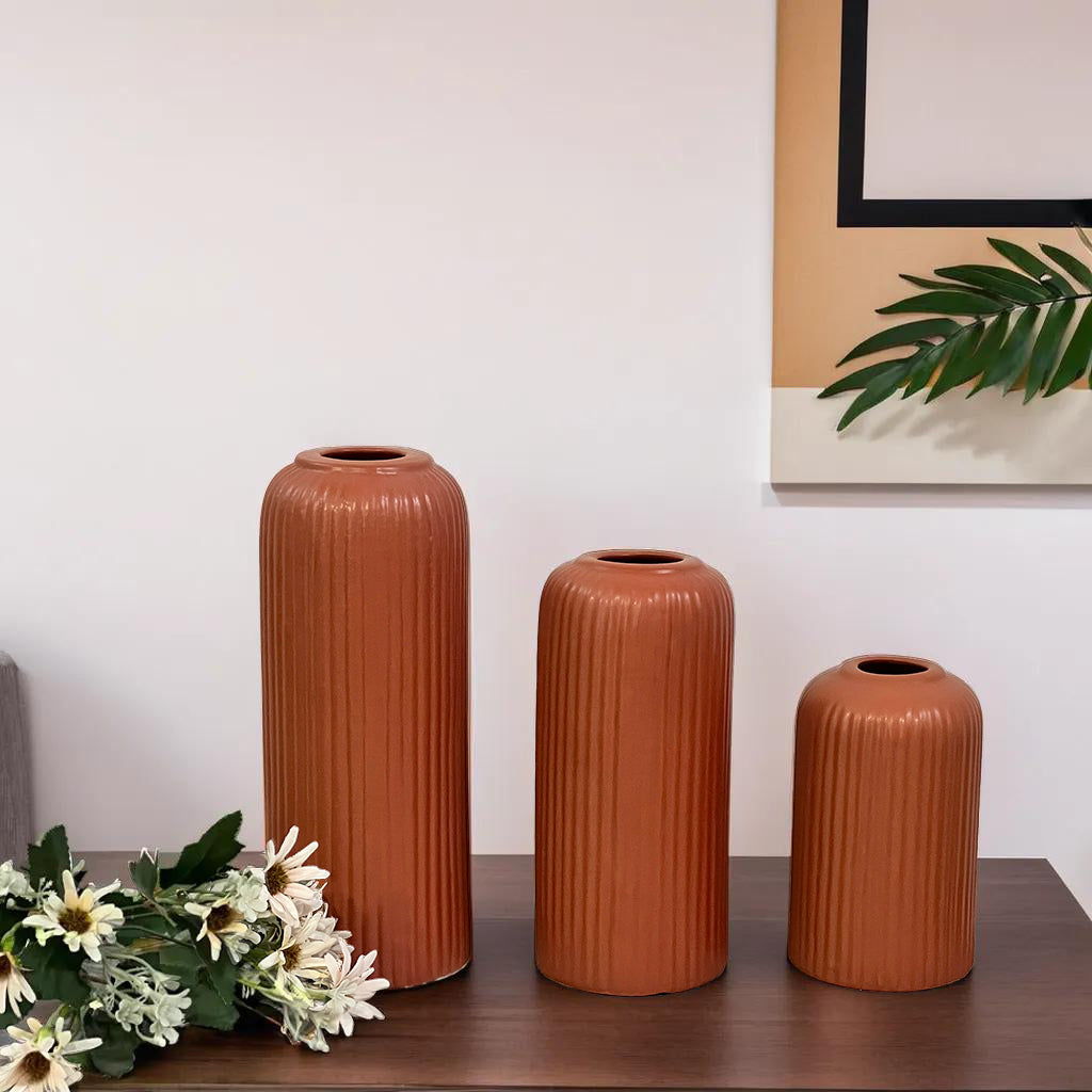 Ceramic Fluted Vases Combo | Set of 3- Teracotta color