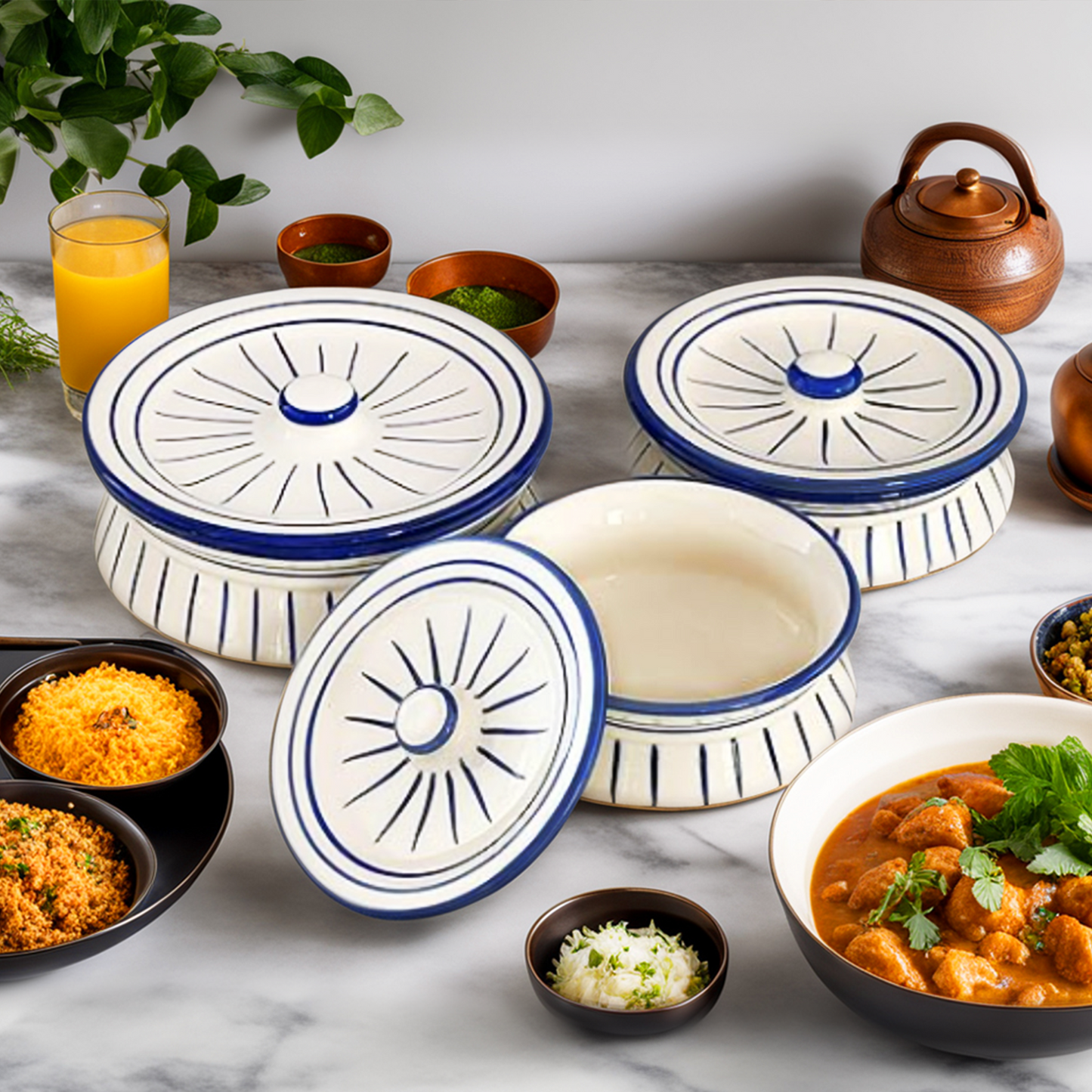 Blue Horizon Ceramic Handi Set with lid - Set of 3 | Dahi handi set