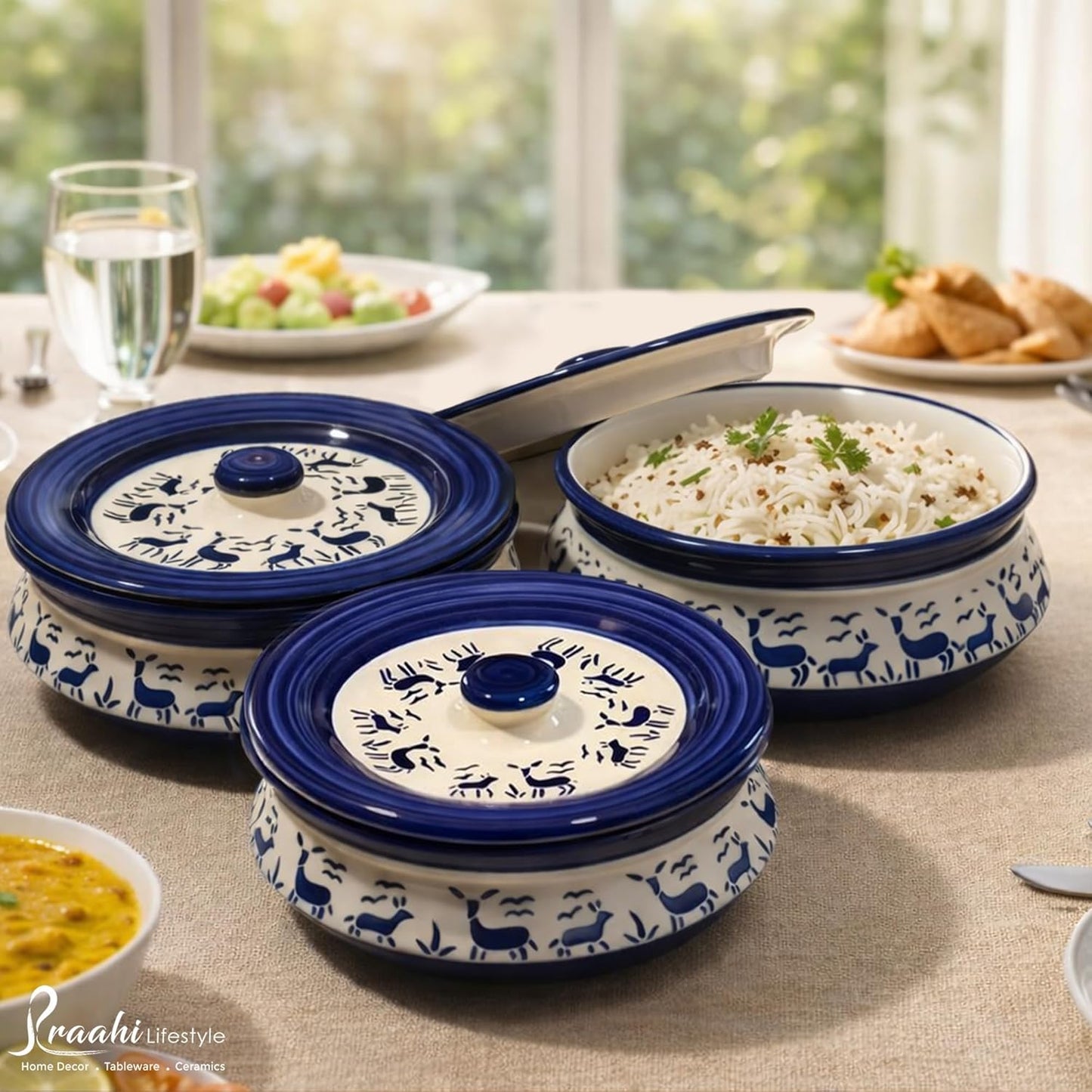Deer Pattern Ceramic Handi Set with lid - Set of 3 | Dahi handi set