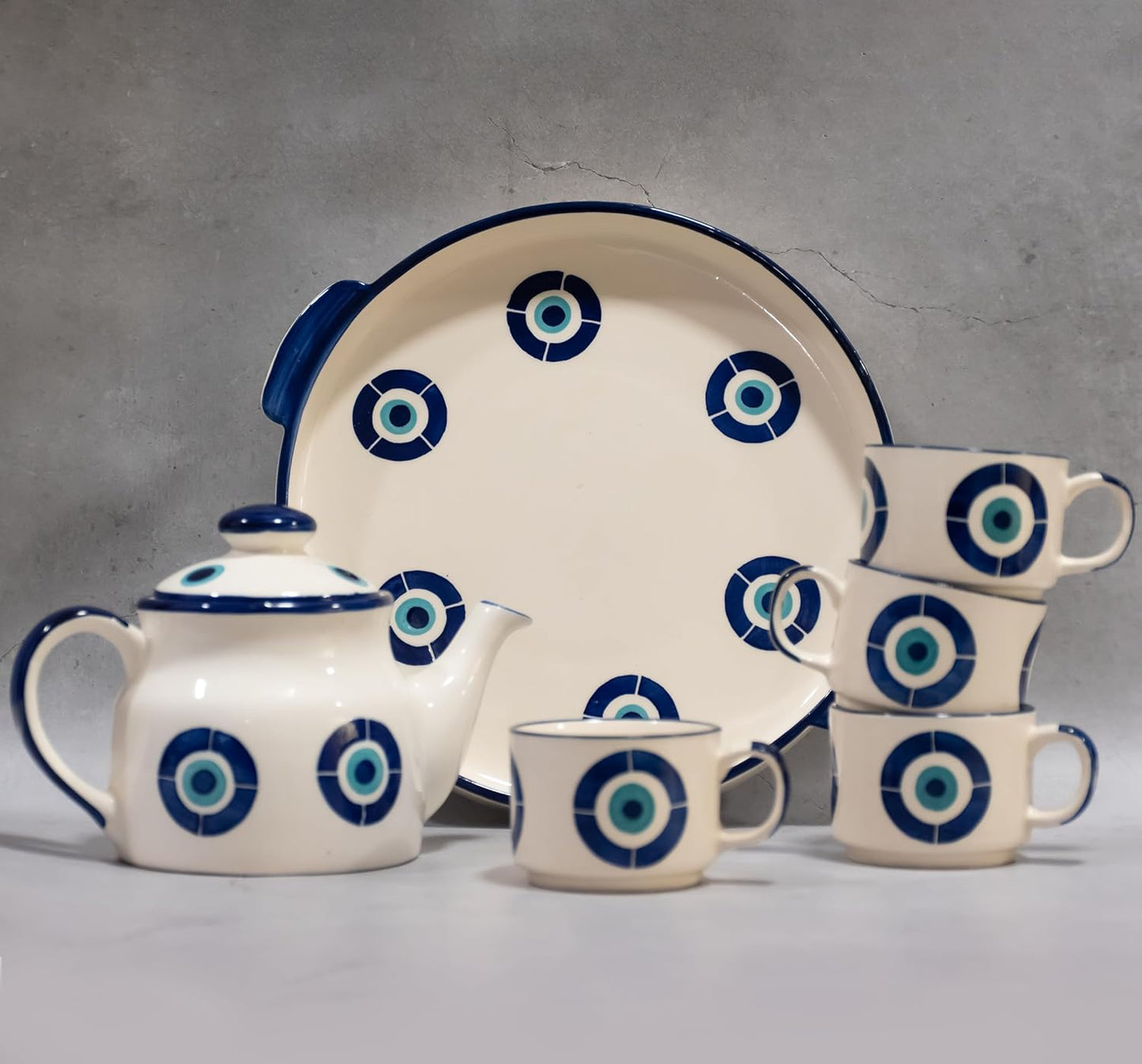 Ceramic Tea Set with Kettle & Serving Tray - Evil Eye Tea Pot Set