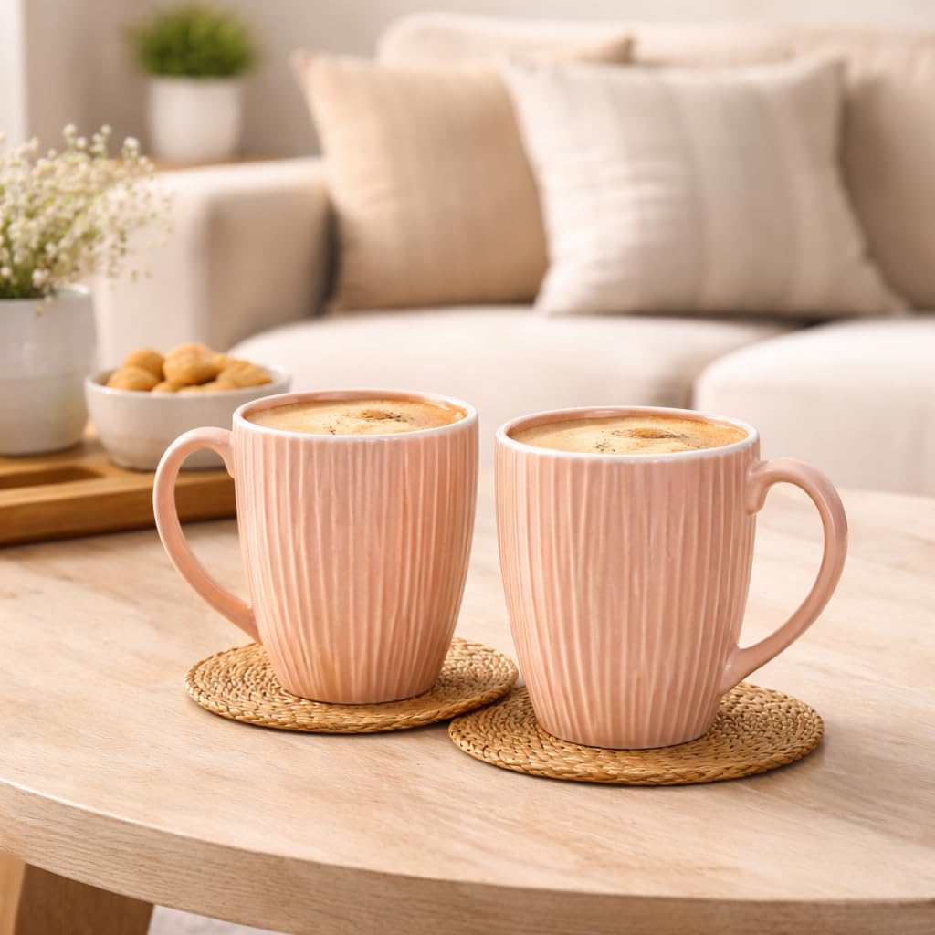 Blush Pink Embossed Coffee Mugs Set of 6