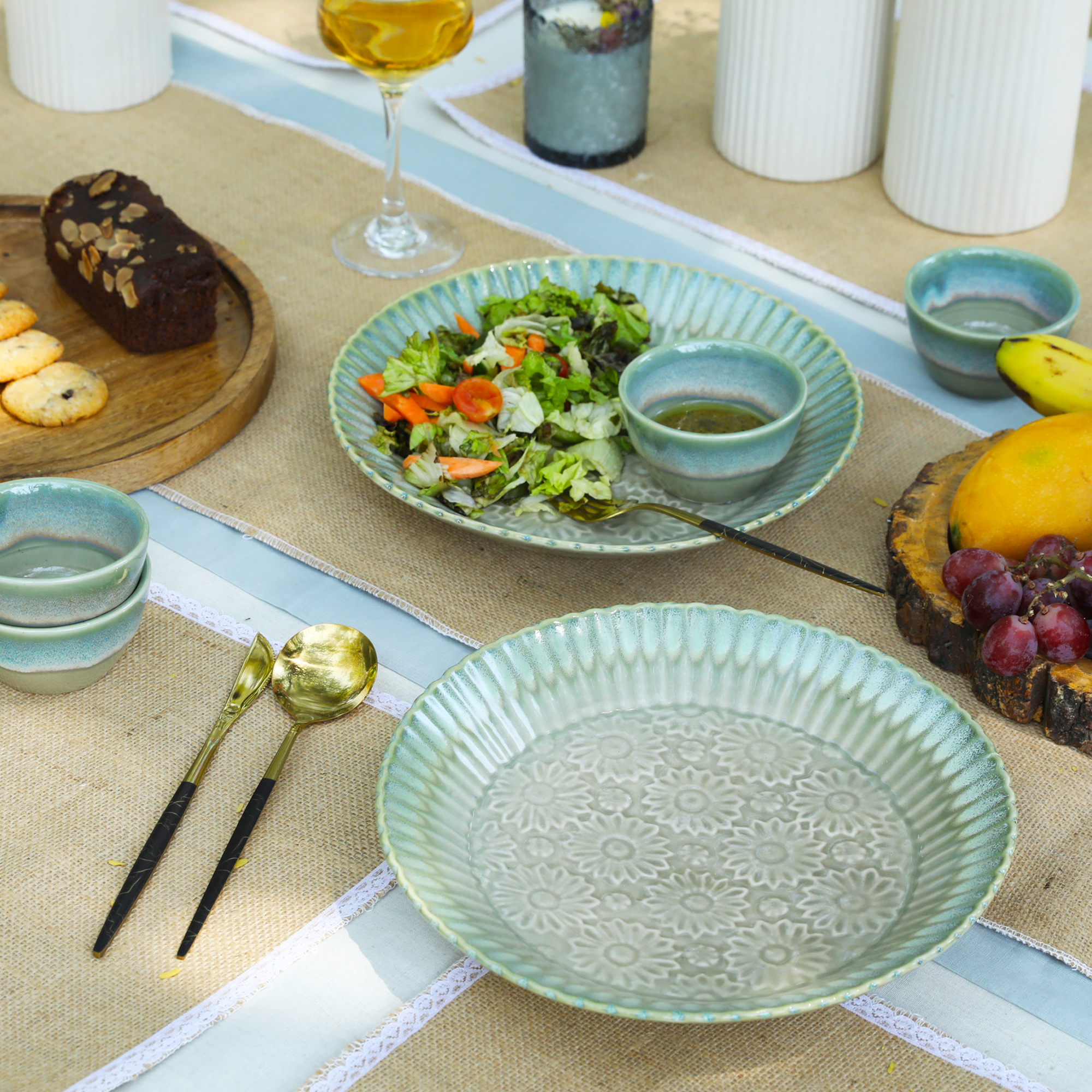 Ceramic Studio Pottery Serving Platters with dip bowls green