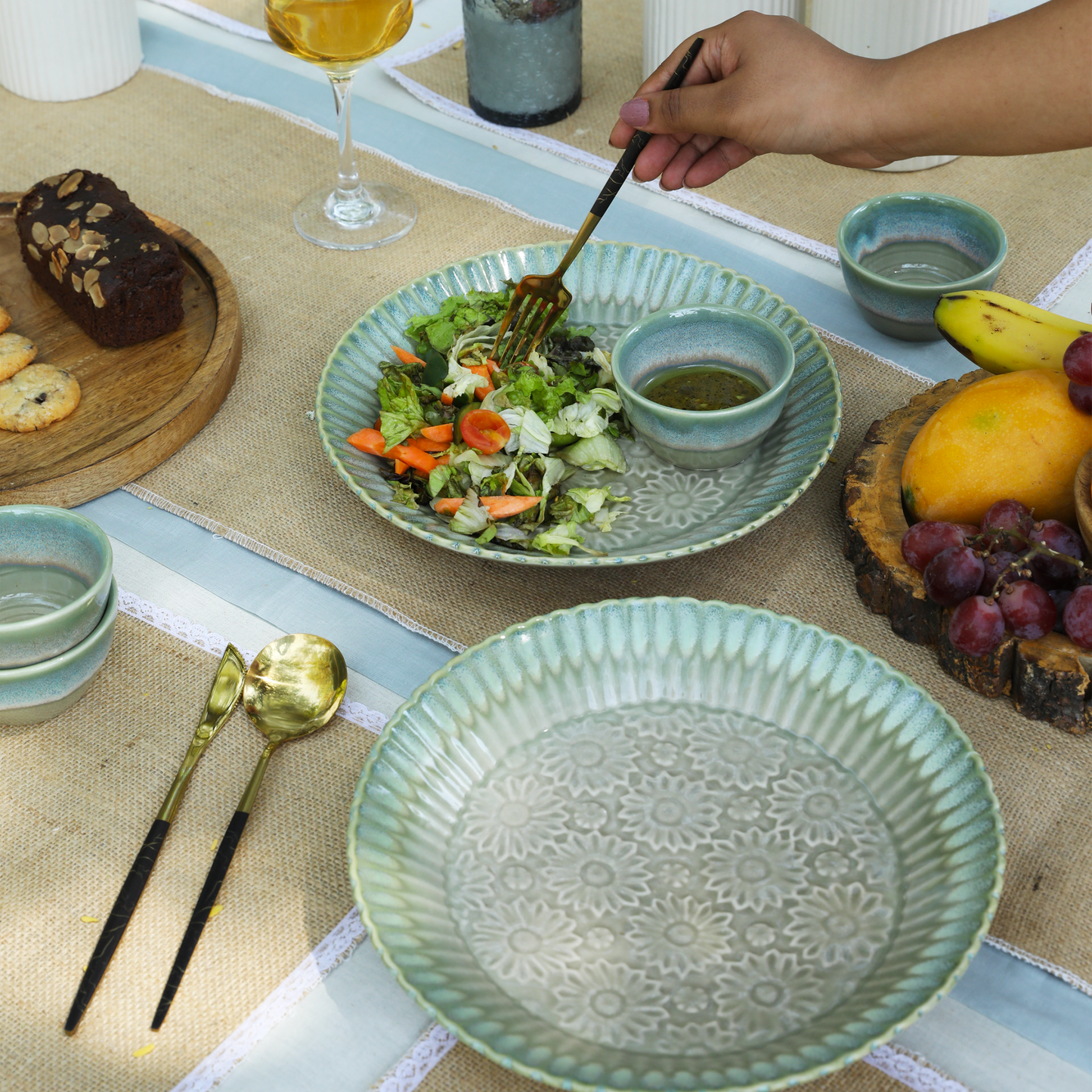 Ceramic Studio Pottery Serving Platters with 2 dip bowls - green