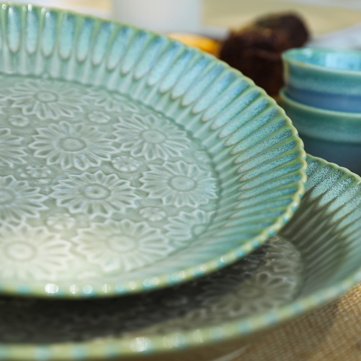 Ceramic Studio Pottery Serving Platters with 2 dip bowls - green