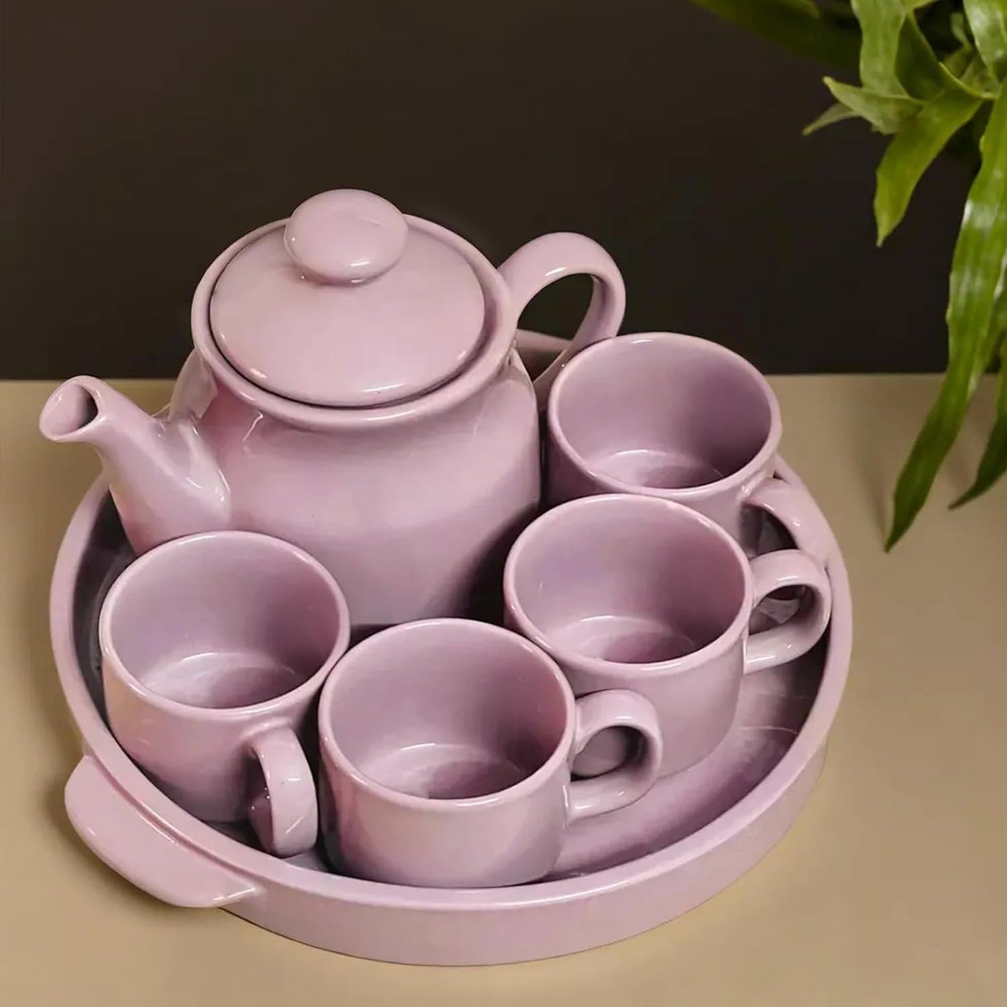 Ceramic Tea Cup Set with Kettle & Serving Tray | Lavender Colour (6 pieces set)