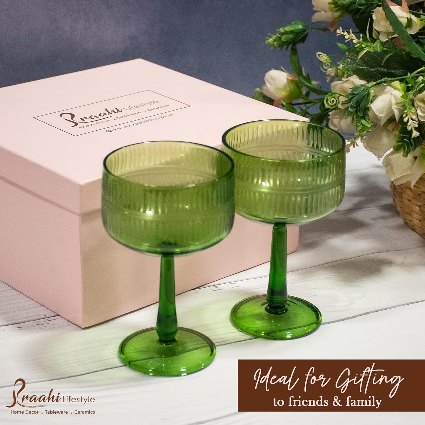 Premium Coupe Glasses With Gift Box (Set of 2, Emerald Green Color)