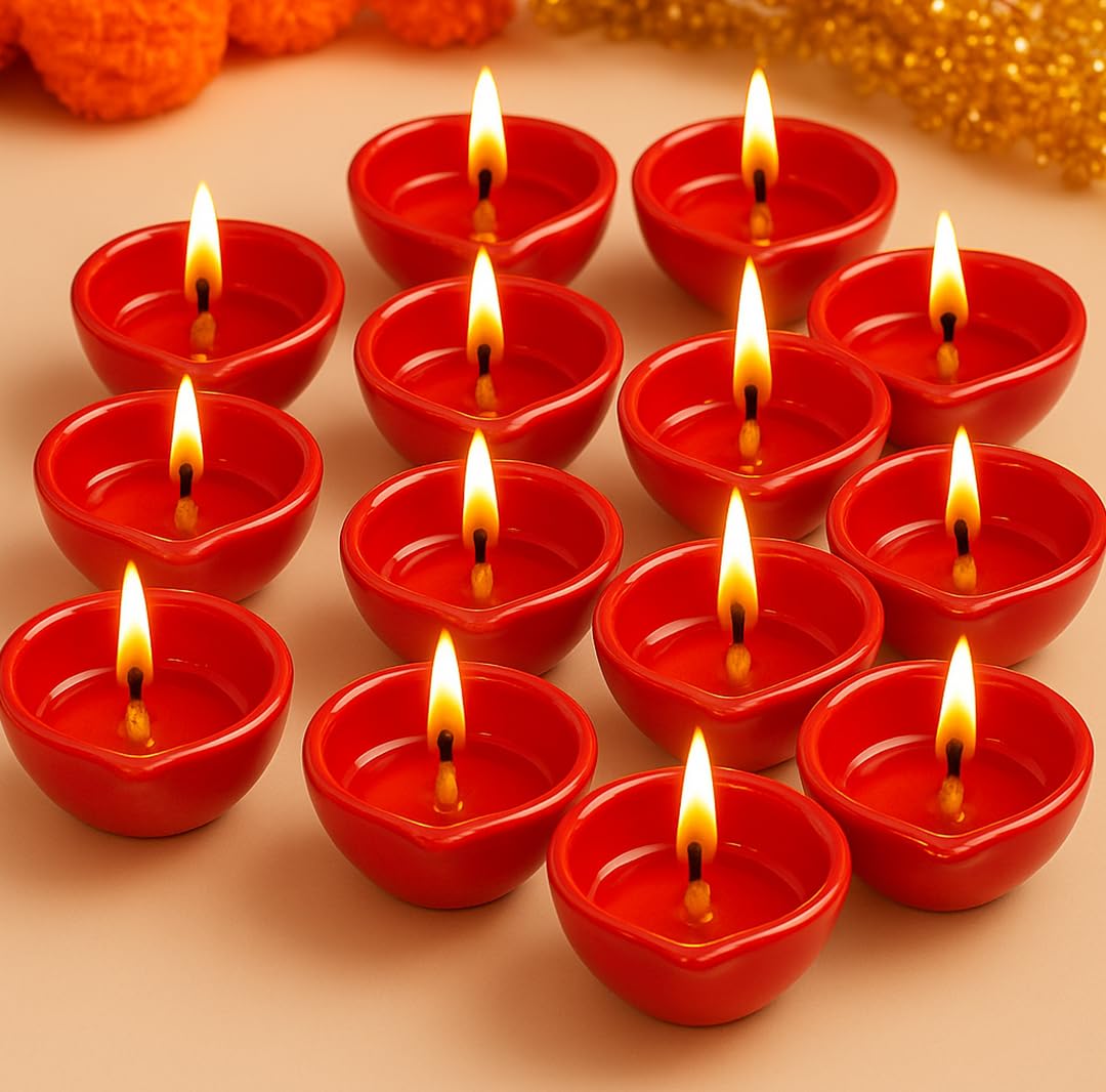 Decorative Ceramic Handmade Diya Set | Pack Of 12 | Red Colour