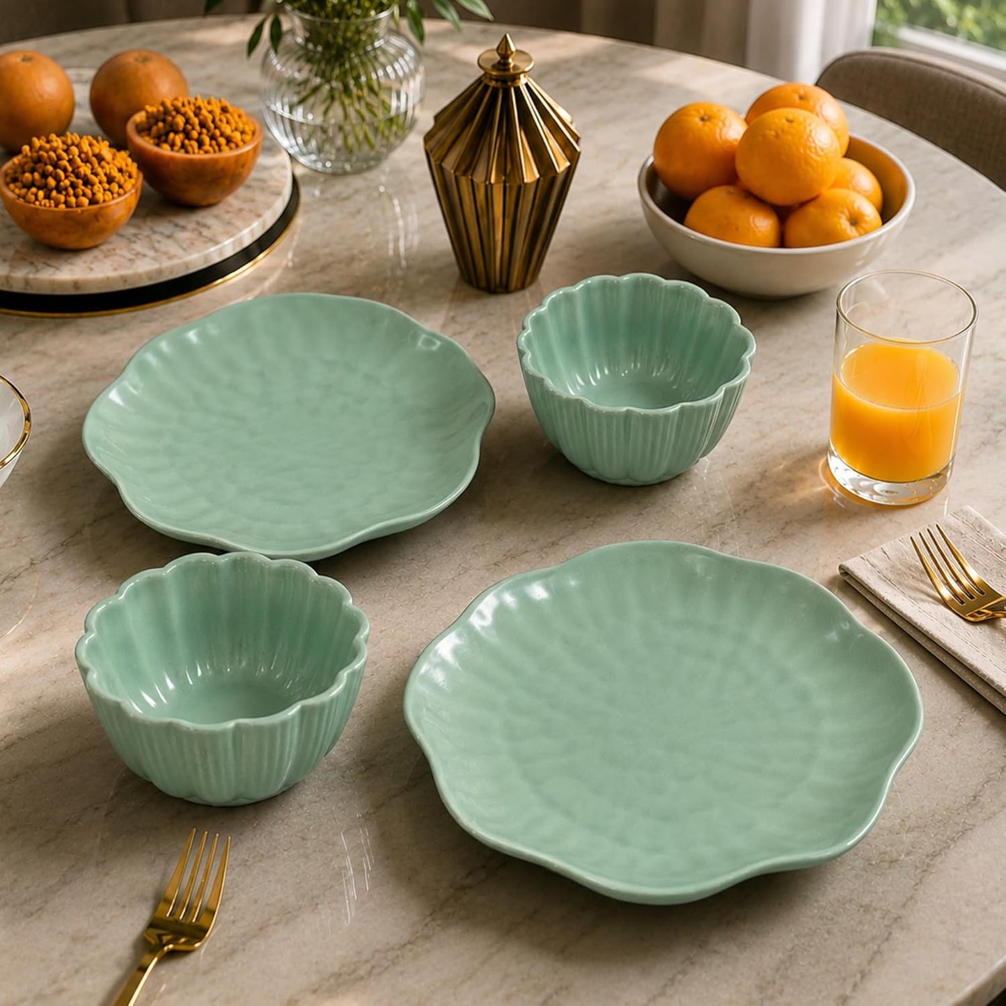 Premium Ceramic Plates and Bowls Set (Sage Green Matte Finish) Set of 4 Plates + 4 Bowls