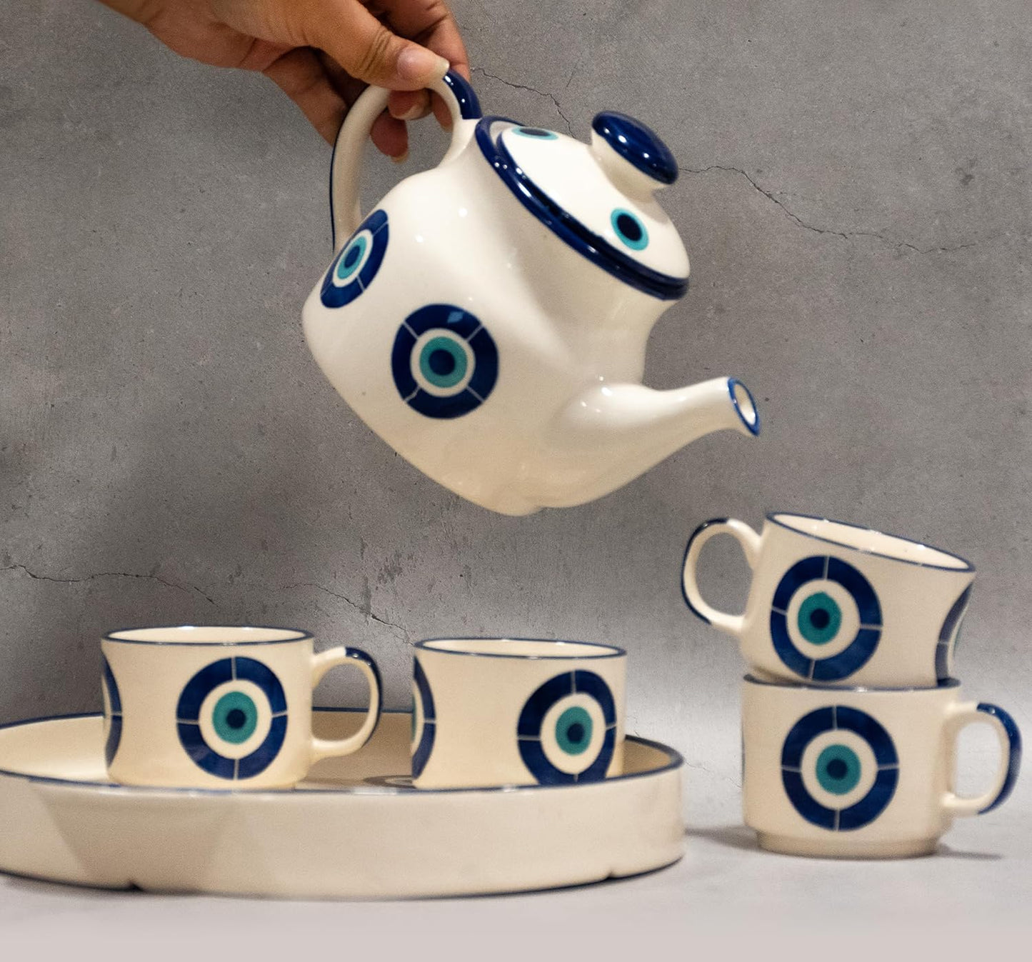 Ceramic Tea Set with Kettle & Serving Tray - Evil Eye Tea Pot Set