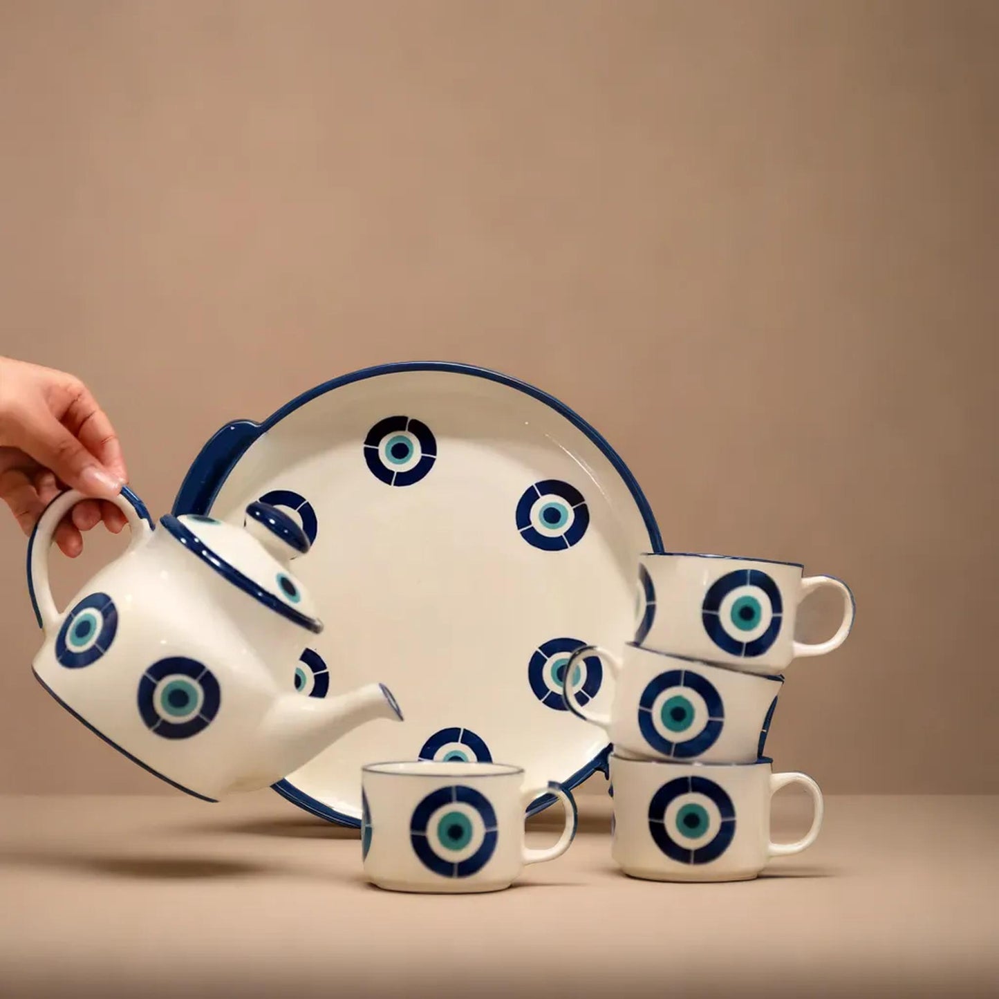 Ceramic Tea Set with Kettle & Serving Tray - Evil Eye Tea Pot Set