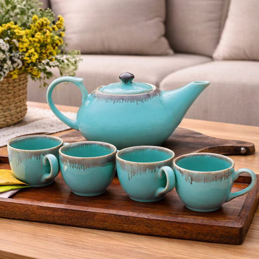 Luxury Tea Cup Set with Kettle - Turquoise finish