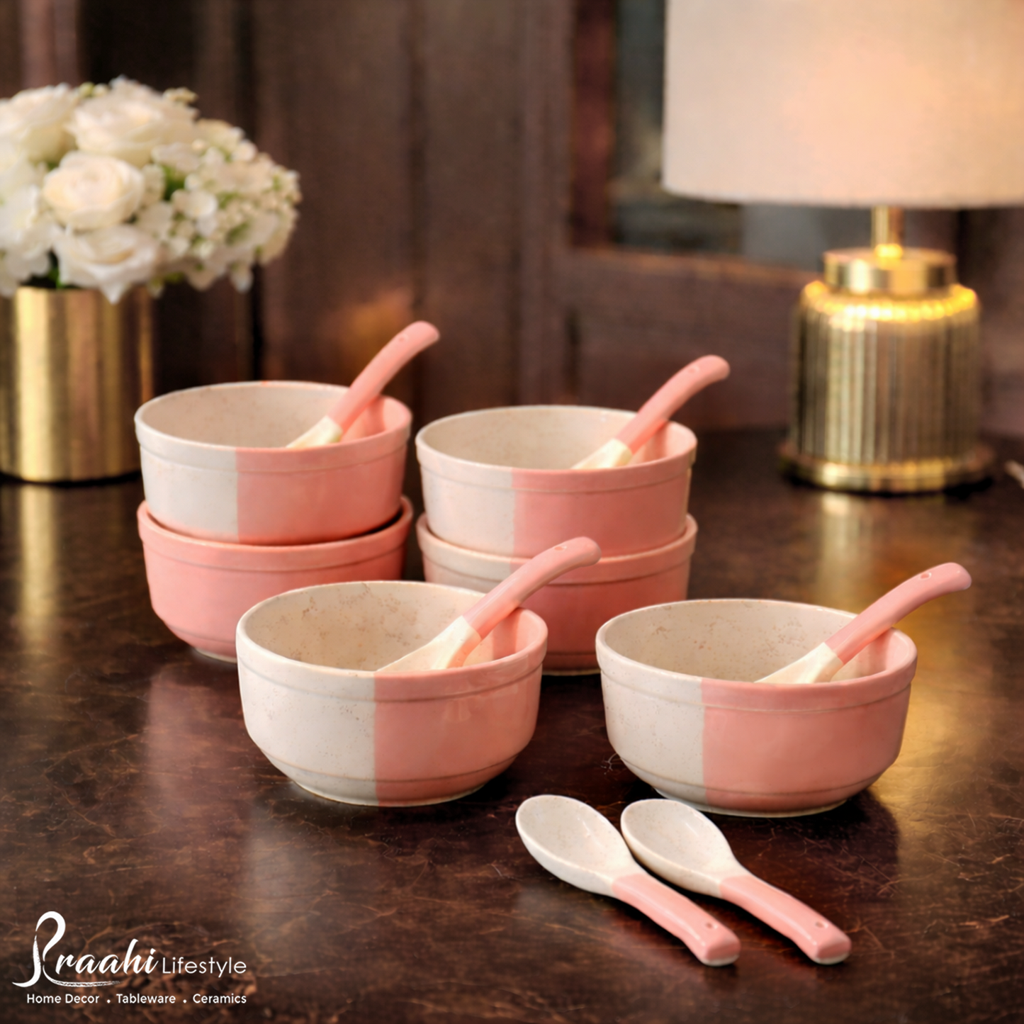 Ceramic Soup Bowl Set with Spoon - Set of 6