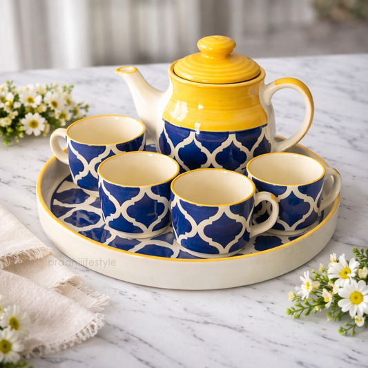 Ceramic Tea Cup Set with Kettle & Serving Tray - Moroccan Tea Pot Set