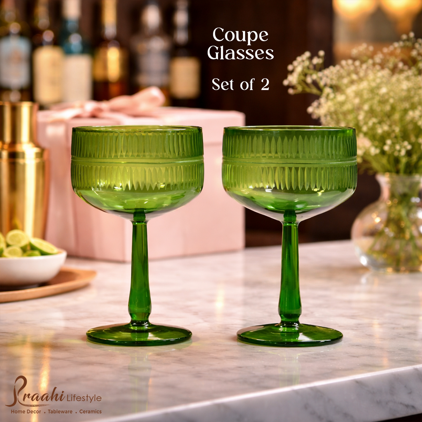 Premium Coupe Glasses With Gift Box (Set of 2, Emerald Green Color)
