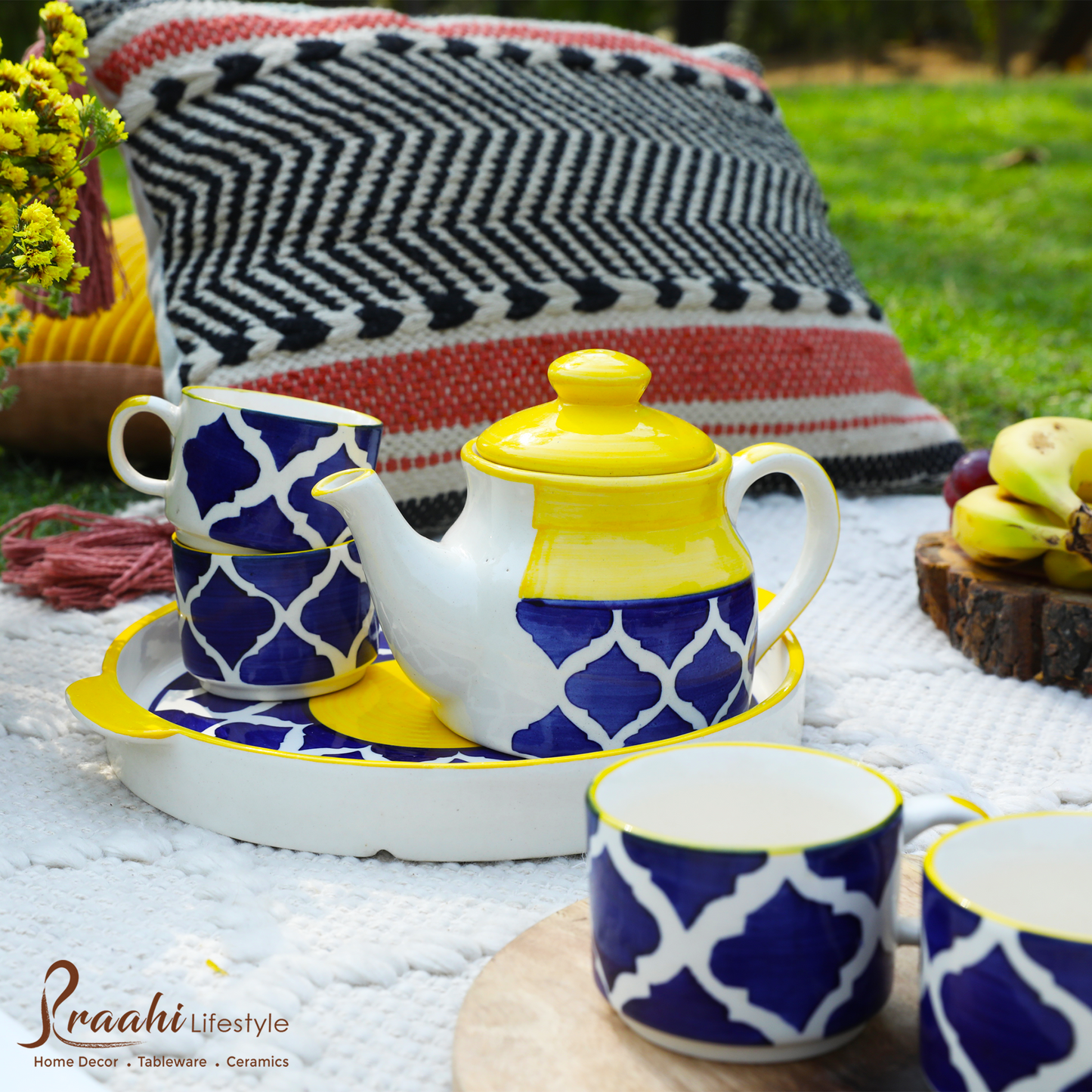 Ceramic Tea Cup Set with Kettle & Serving Tray - Moroccan Tea Pot Set