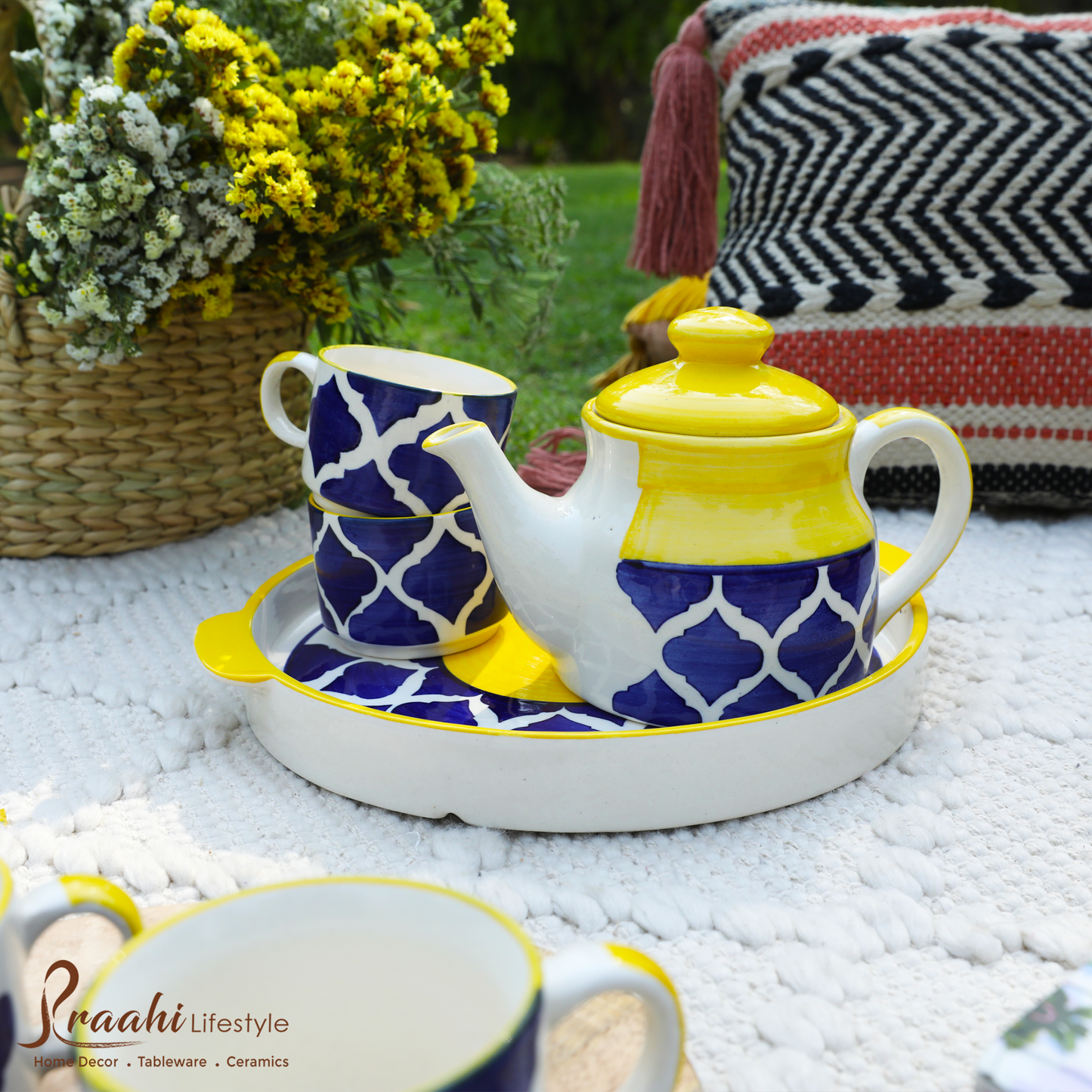Ceramic Tea Cup Set with Kettle & Serving Tray - Moroccan Tea Pot Set