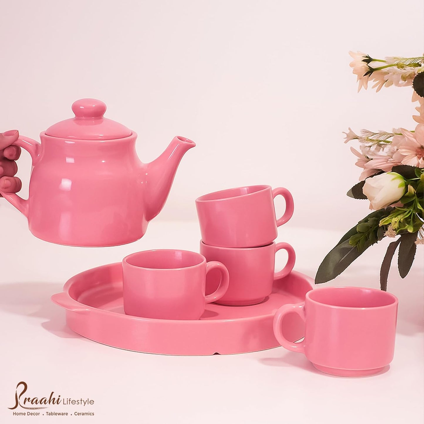 Ceramic Tea Cup Set with Kettle & Serving Tray | Pastel Pink Colour (6 pieces set)
