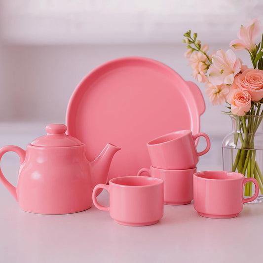 Ceramic Tea Cup Set with Kettle & Serving Tray | Pastel Pink Colour (6 pieces set)
