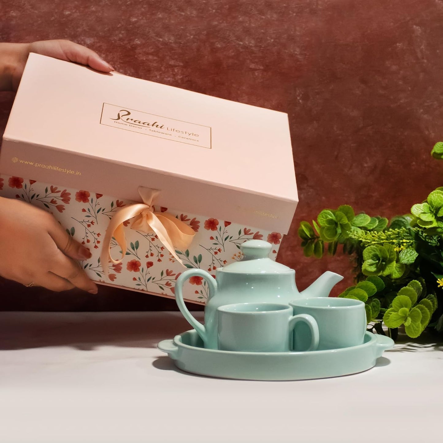 Ceramic Tea Cup Set with Kettle & Serving Tray | Powder Blue color (4 Piece Set)