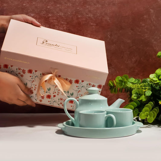 Ceramic Tea Cup Set with Kettle & Serving Tray | Powder Blue color (4 Piece Set)