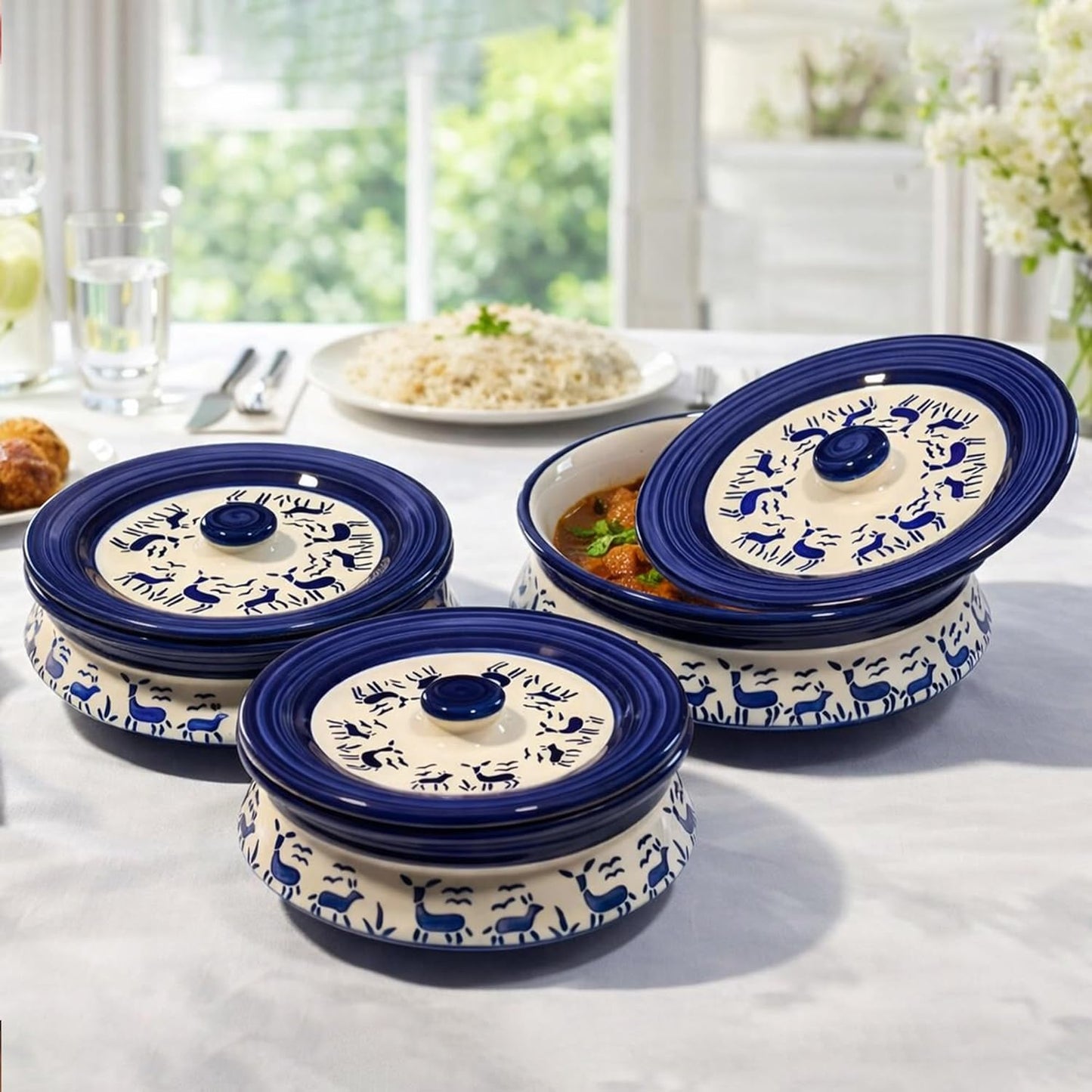 Deer Pattern Ceramic Handi Set with lid - Set of 3 | Dahi handi set