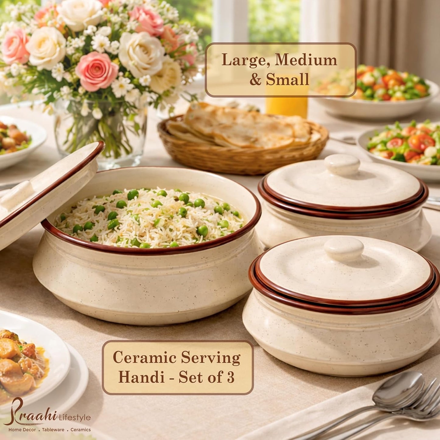Brown Rim Ceramic Handi Set with lid - Set of 3 | Dahi handi set