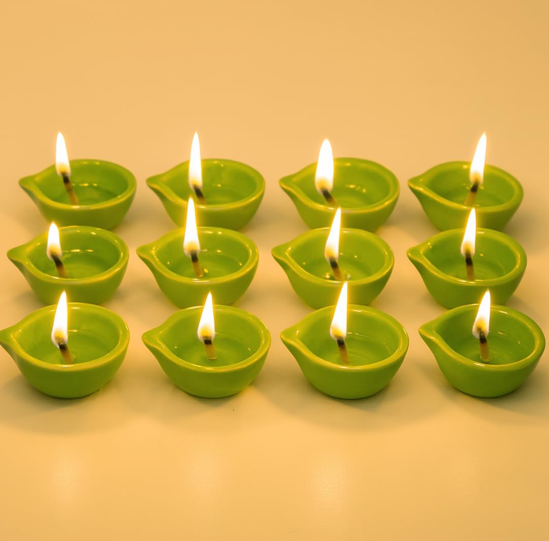 Decorative Ceramic Handmade Diya Set | Pack Of 12 | Green Colour