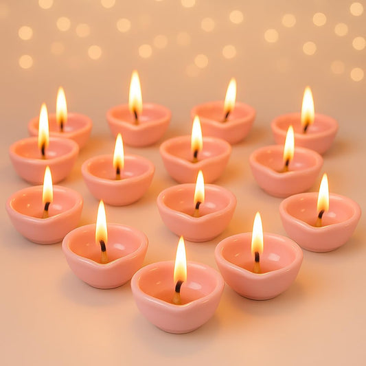 Decorative Ceramic Handmade Diya Set | Pack Of 12 | Pastel Pink Colour
