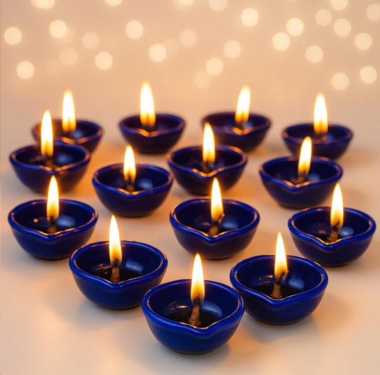 Decorative Ceramic Handmade Diya Set | Pack Of 12 | Navy Blue Colour