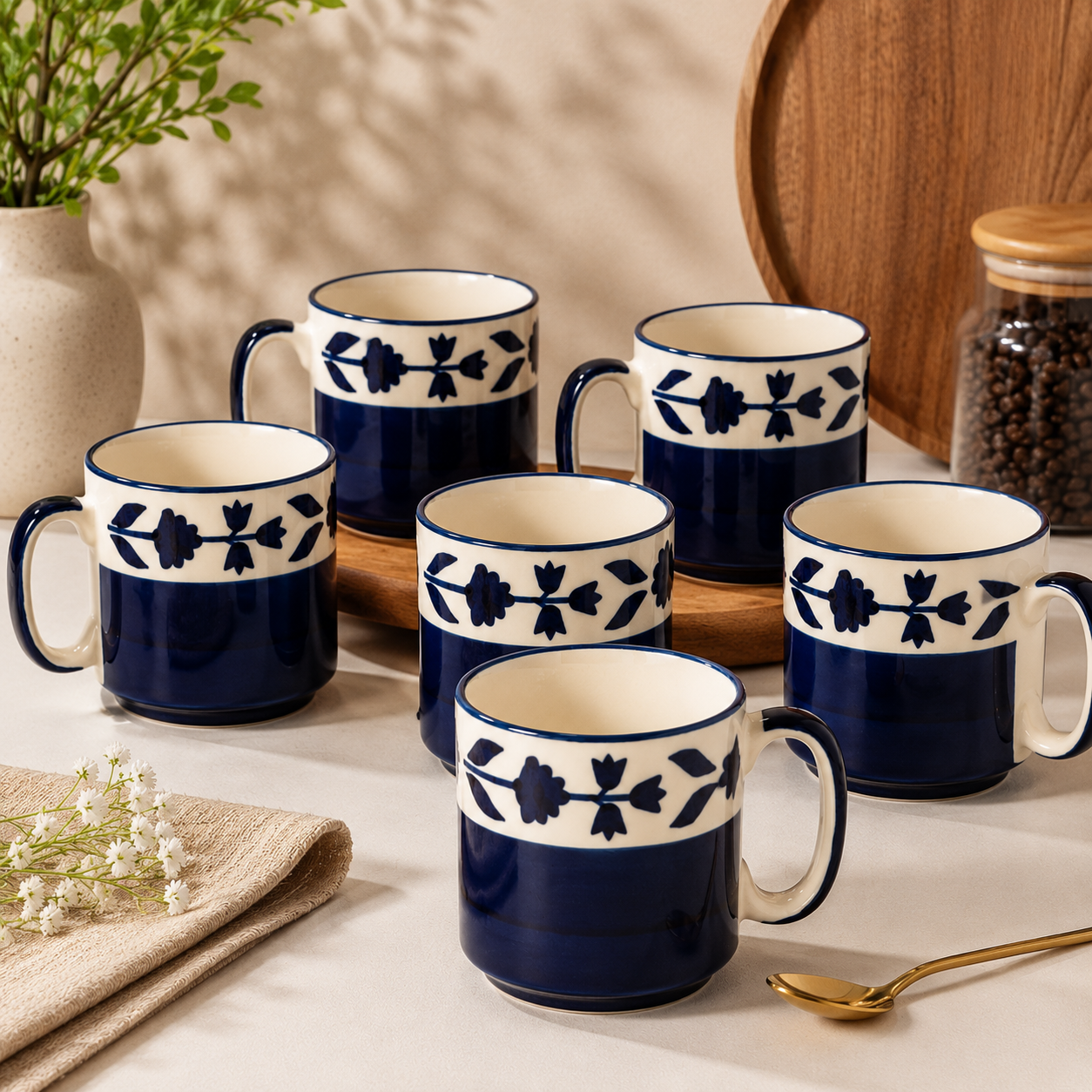 Blue Floral Coffee Mugs set of 6