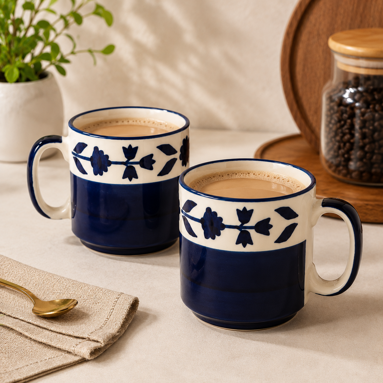 Blue Floral Coffee Mugs set of 6