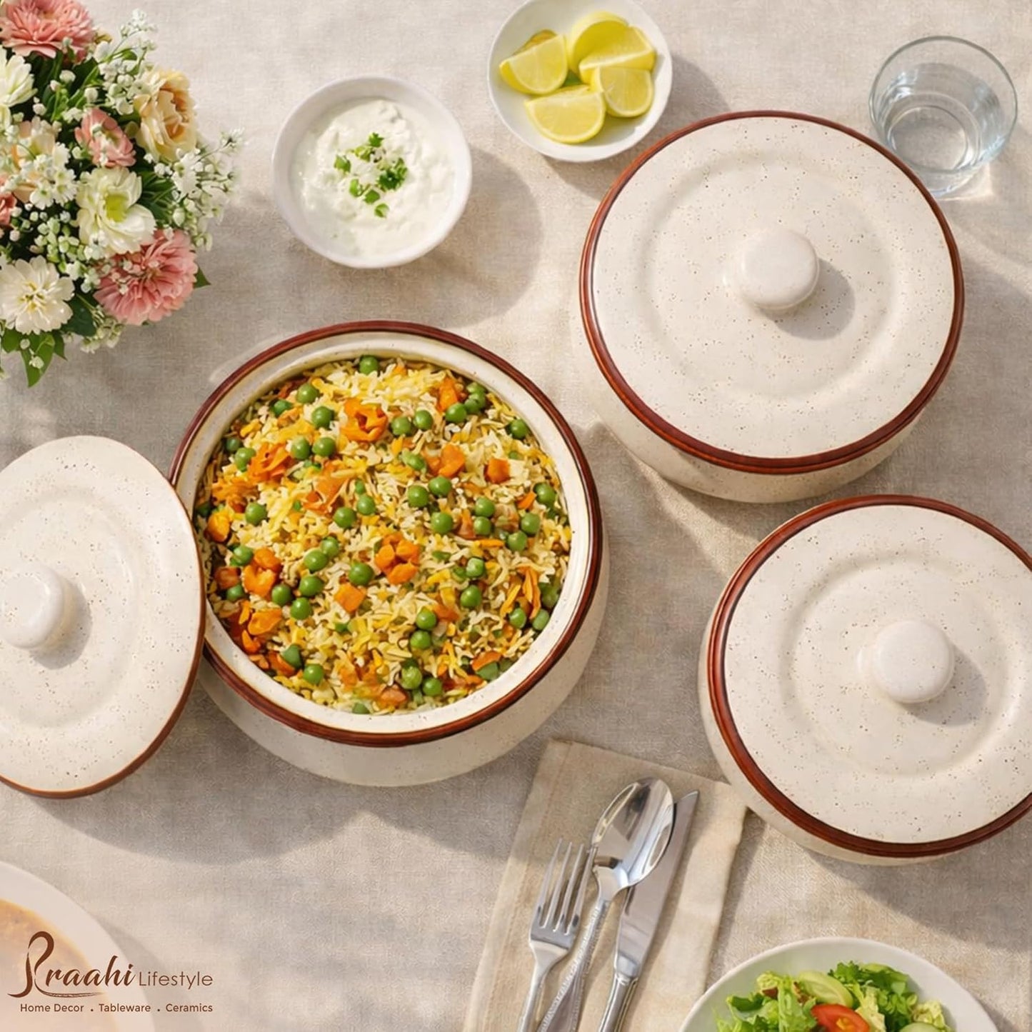 Brown Rim Ceramic Handi Set with lid - Set of 3 | Dahi handi set