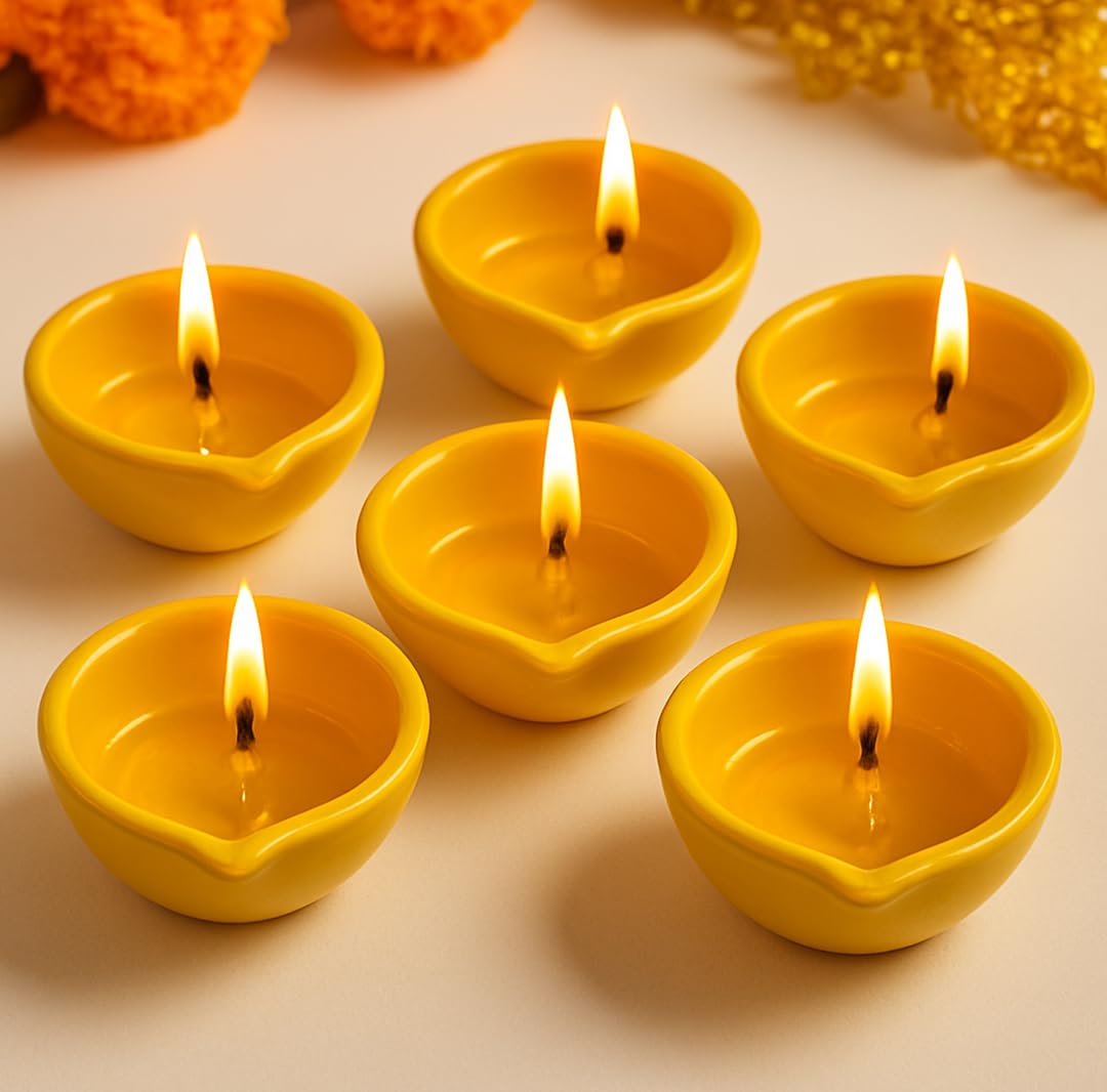 Decorative Ceramic Handmade Diya Set | Pack Of 12 | Yellow Colour